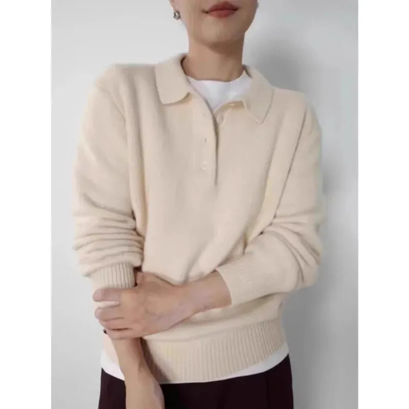 Elegant POLO semi-open neck 100%wool knitted sweater women loose long-sleeved base sweater autumn and winter by Vimost Shop