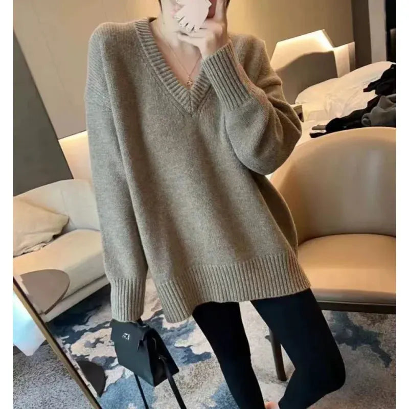 V-neck 100 pure wool sweater for women in autumn and winter, loose and thick sweater, long-sleeved knitted top by Vimost Shop