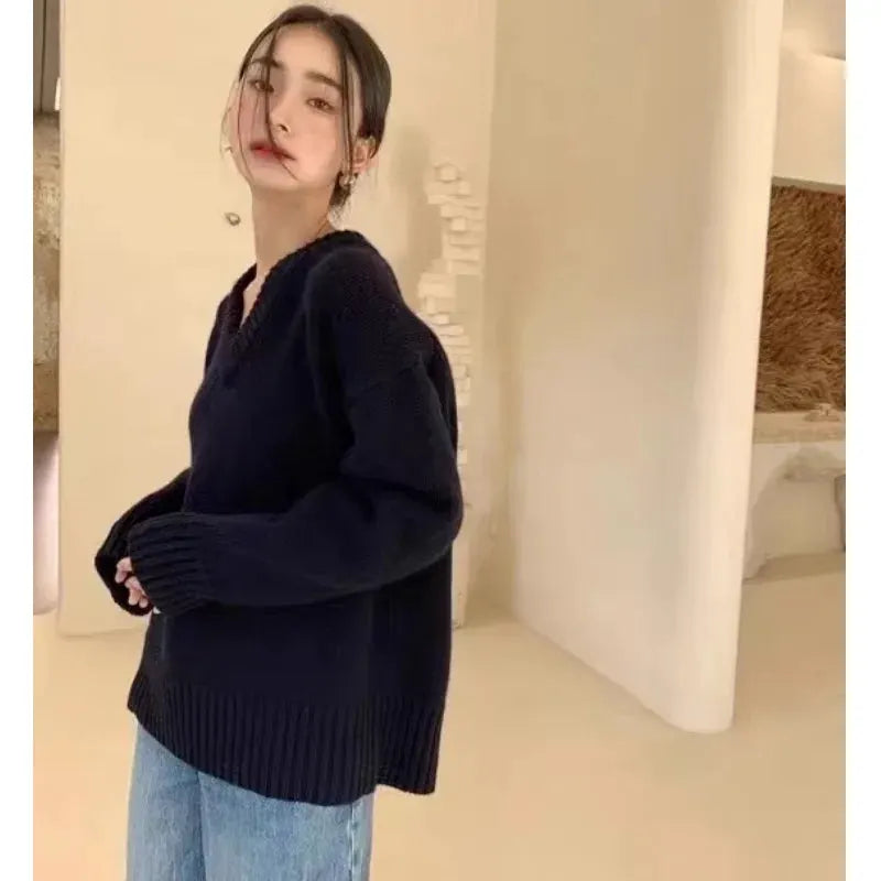 V-neck 100 pure wool sweater for women in autumn and winter, loose and thick sweater, long-sleeved knitted top by Vimost Shop