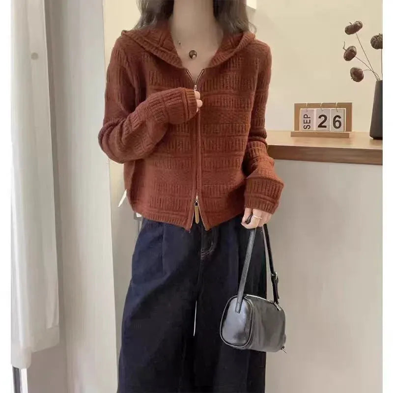 Autumn and Winter Thickened 100% Pure Wool Women's Hooded Knit Cardigan Loose Sweater Coat with Double Zippers Short Style by Vimost Shop