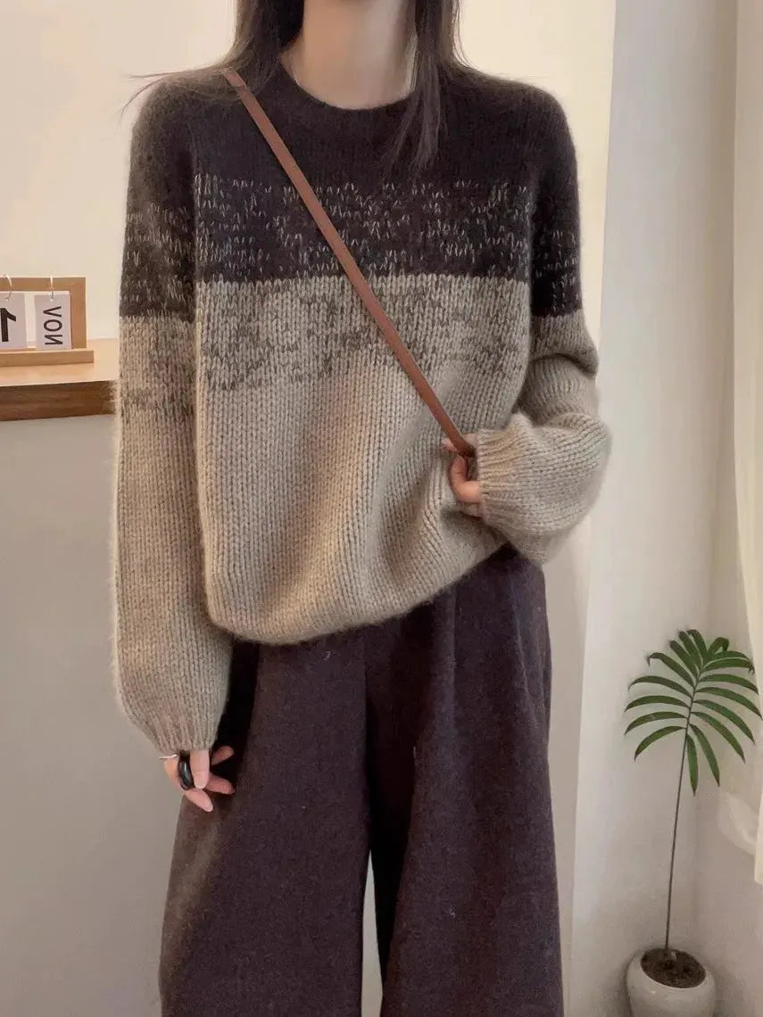 Crew-neck matching striped cashmere sweater women's long-sleeved autumn/winter loose wool base sweater by Vimost Shop