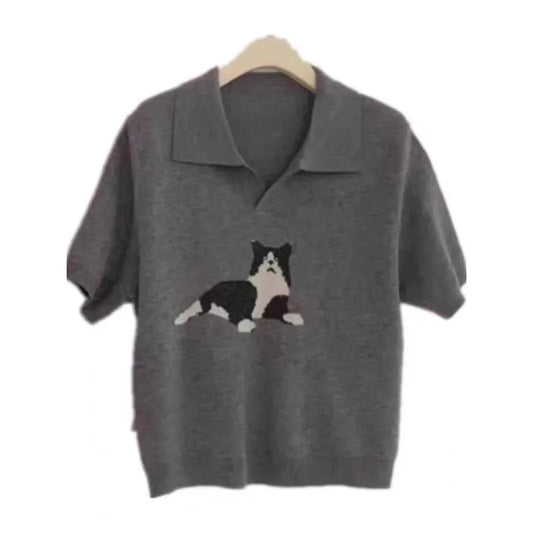 European vintage cat jacquard cashmere knitted short-sleeved women's lapel front-shoulder wool T-shirt, half-sleeved short top by Vimost Shop
