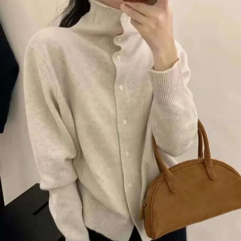 French-style high-neck 100 pure cashmere knitted cardigan for women's autumn and winter loose sweater with wool base coat by Vimost Shop
