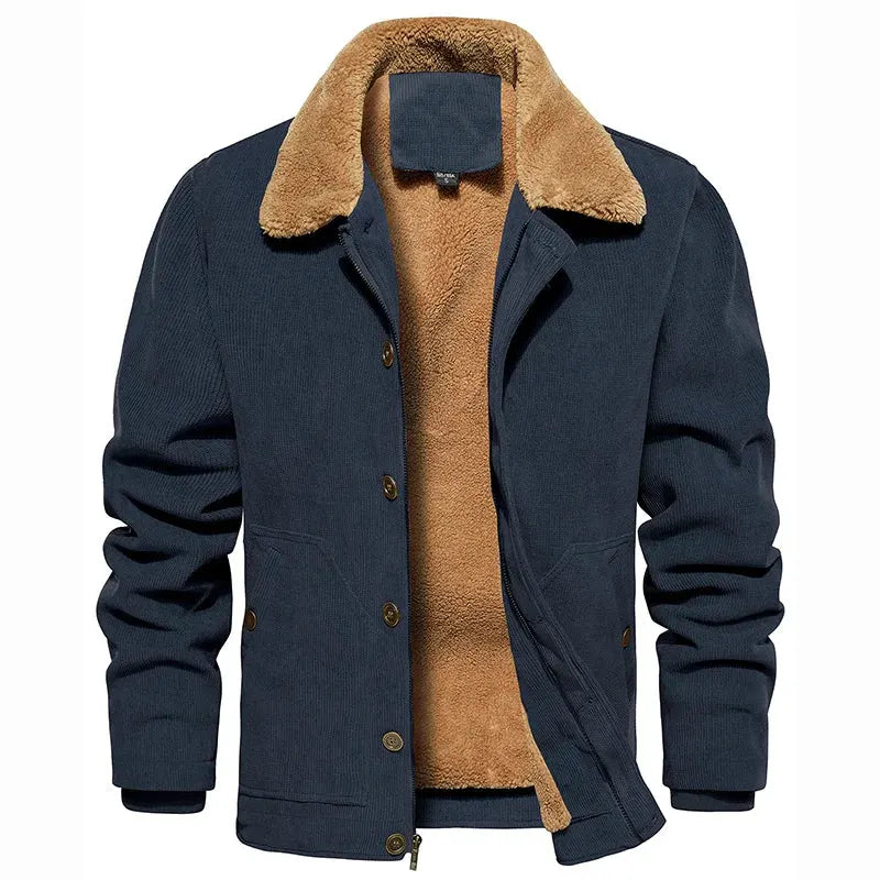 Men's Winter Corduroy Jacket Fleece Warm Lined Cargo Work Jacket Casual Thick Sherpa Collar Trucker Deck Navy Coats by Vimost Shop