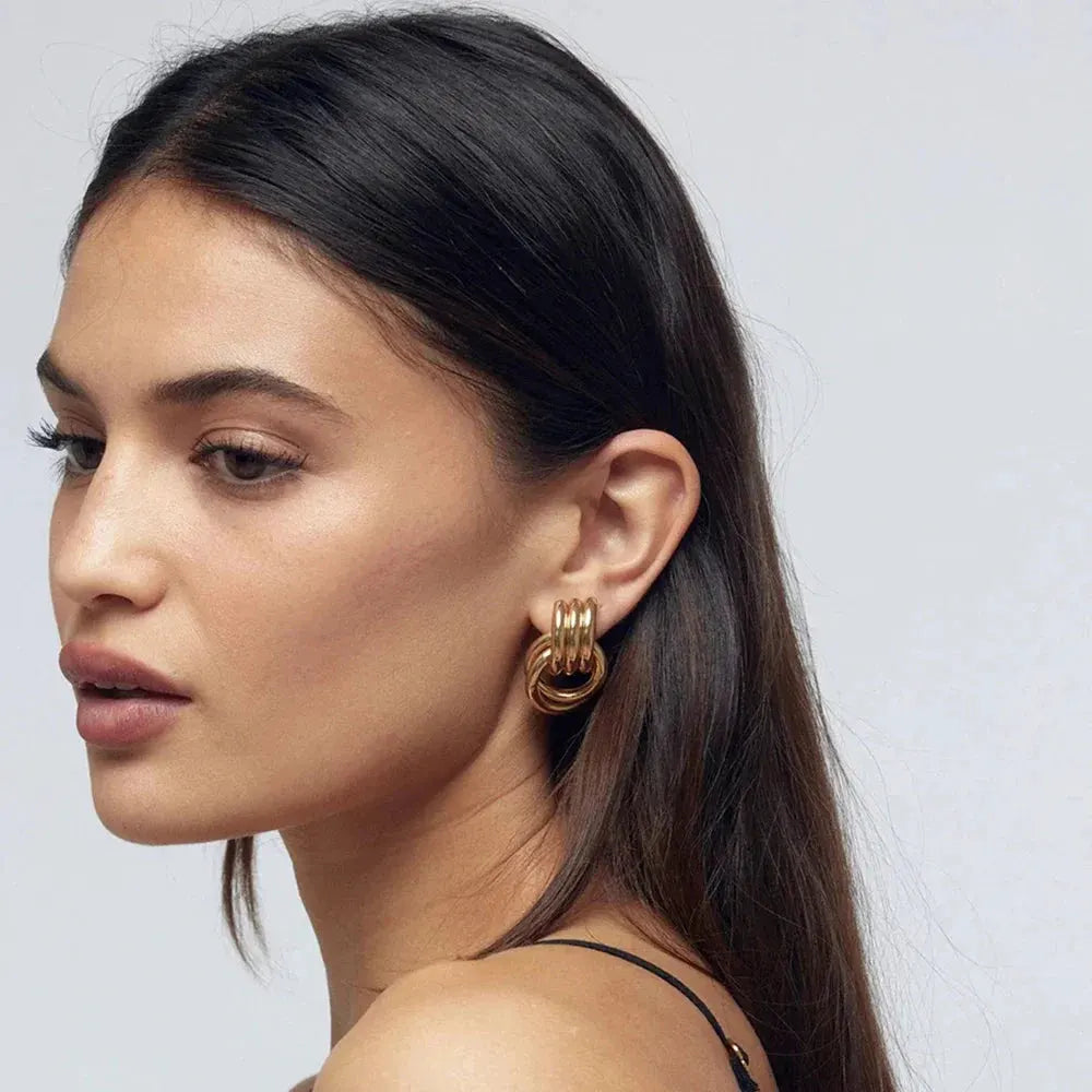 Trendy Stainless Steel Multilayer Circle Twist Knot Earrings for Women Texture Mixed Color Gold Plated Statement Earring Bijoux by Maiden-Art