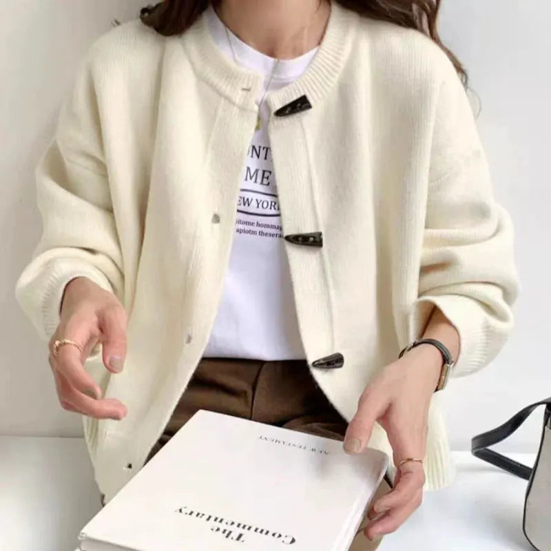 Versatile Crew Neck Autumn and Winter Sweater Wool Coat 100% Pure Cashmere Knitted Cardigan for Women Top by Vimost Shop