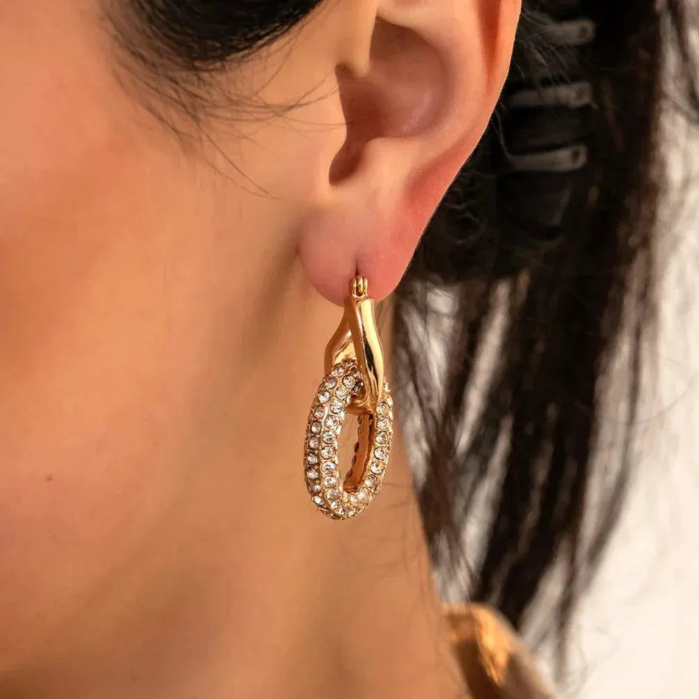 Punk Circle Pendant Shiny Rhinestone Stainless Steel Drop Earrings Bilayer Oval Round Rust Proof Party Zircon Huggie Jewelry New by Maiden-Art