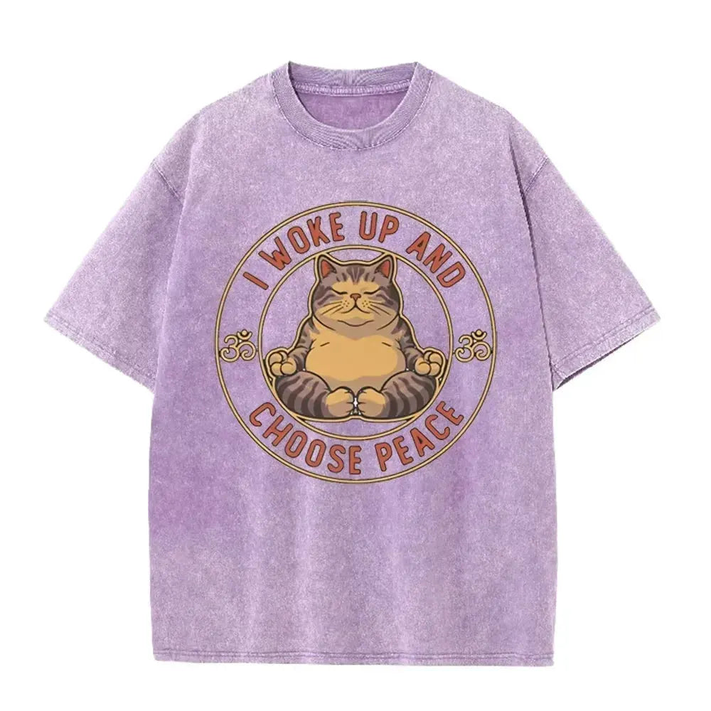 Retro Beige Zen Yoga Tabby Cat Om Symbol Acid Wash Oversized Streetwear Tee by Vimost Shop