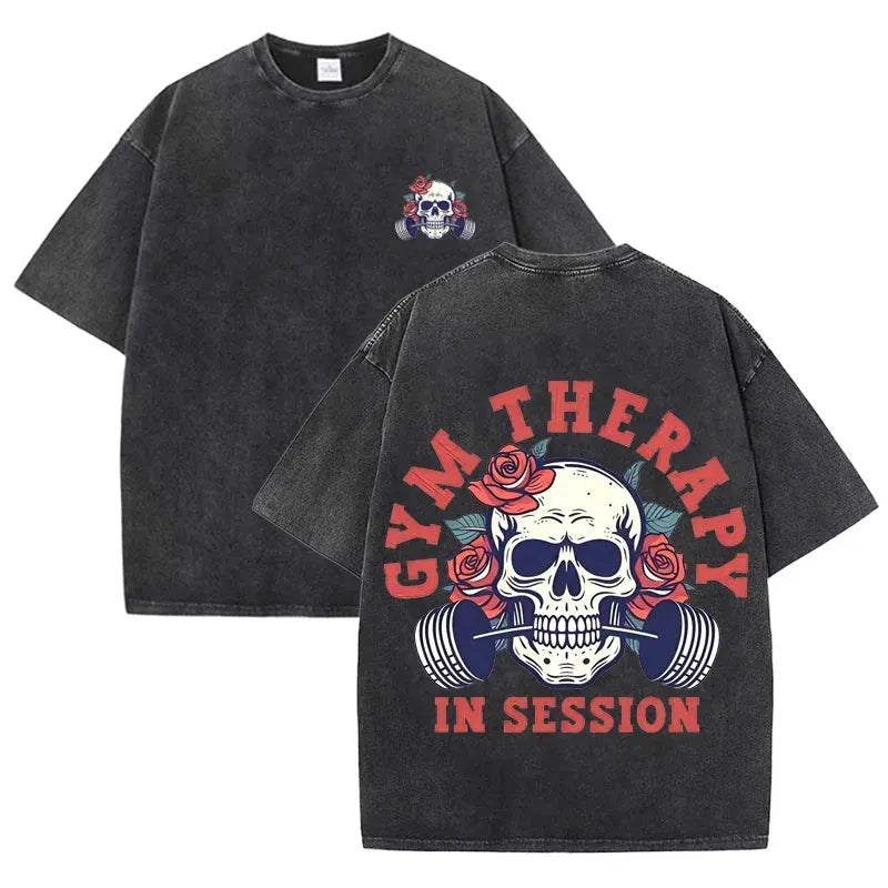 Gym Therapy In Session Skull Rose Print Vintage Washed Workout T Shirt by Vimost Shop