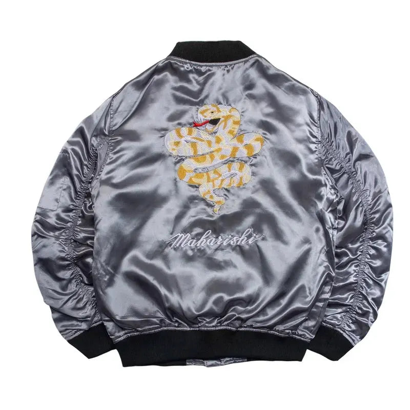 Zip Up Snack Back Embroidered Casual Loose Style Crew Neck Satin Bomber Jacket for Men Women by Vimost Shop