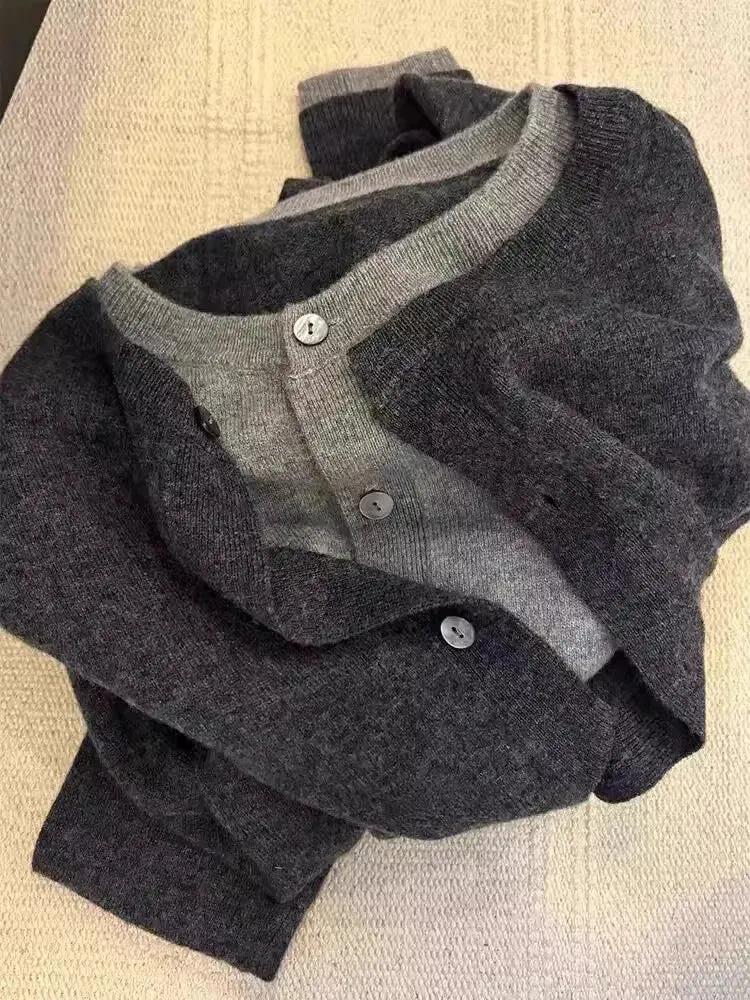 Fake two 100% pure cashmere sweater cardigan dark grey high-grade wool knit coat top by Vimost Shop