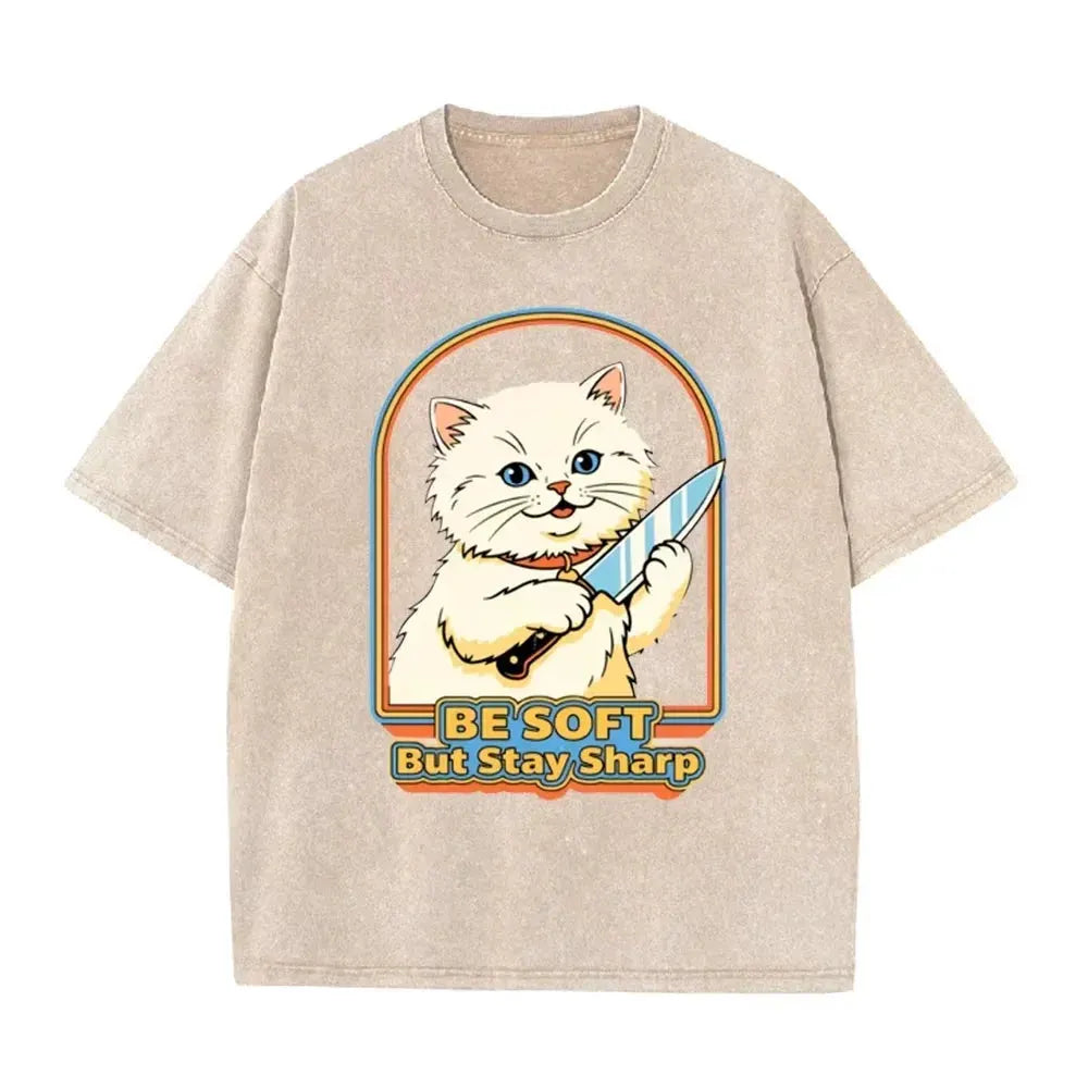 Vintage Washed Purple Be Soft But Stay Sharp Knife Cat Retro Casual Graphic T Shirt by Vimost Shop