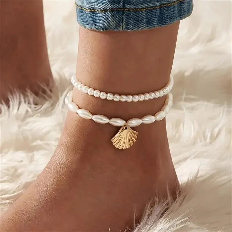 3pcs Retro Pearl Beads Anklet for Women Fashion Handmade Shell Butterfly On Foot Bracelet Bohemian Summer Beach Jewelry Gifts by Maiden-Art