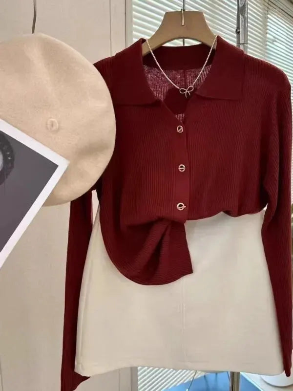 POLO lapel cashmere knit cardigan women's spring and autumn thin loose sweater short wool coat by Vimost Shop