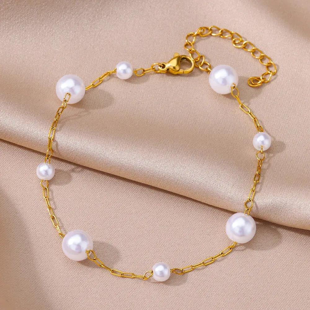Anklets for Women Summer Beach Accessories Stainless Steel Imitation Pearl Chain Anklet Gold Color Leg Bracelets Bodychain Gifts by MAIDEN-ART