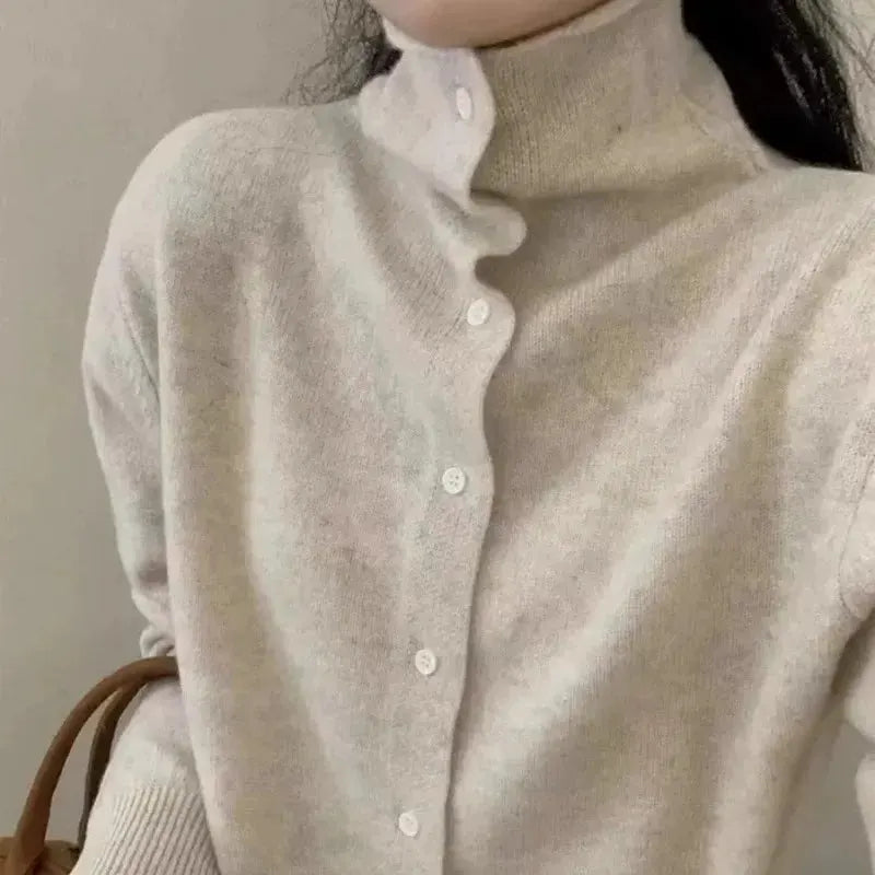 French-style high-neck 100 pure cashmere knitted cardigan for women's autumn and winter loose sweater with wool base coat by Vimost Shop