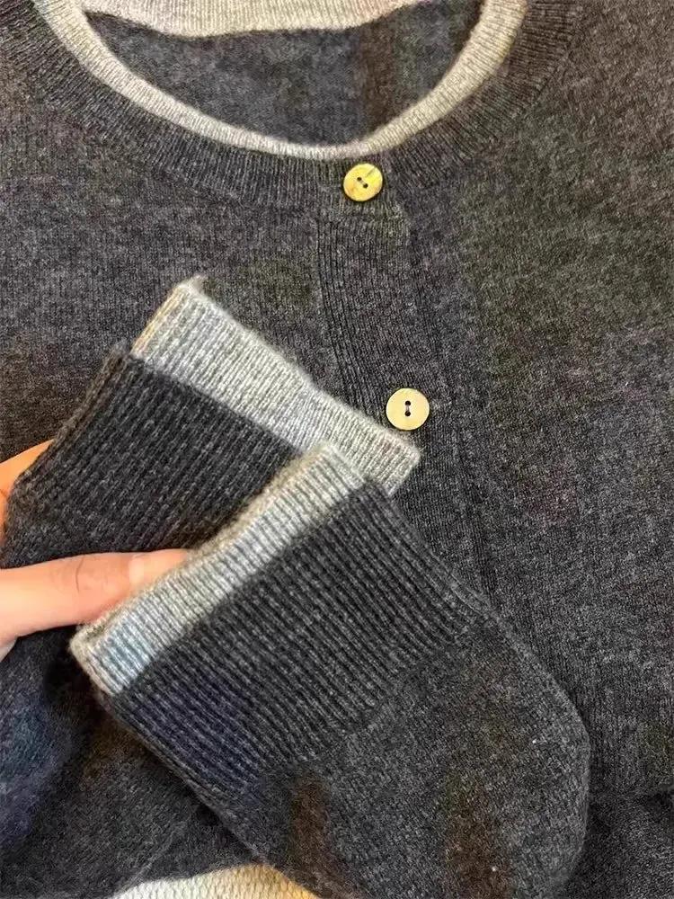 Fake two 100% pure cashmere sweater cardigan dark grey high-grade wool knit coat top by Vimost Shop
