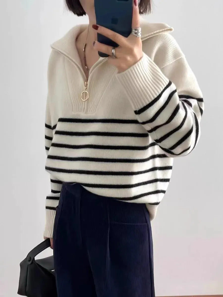 Autumn/Winter new classic striped zipper turtleneck + lapel 100% cashmere knit sweater women's bottom sweater by Vimost Shop