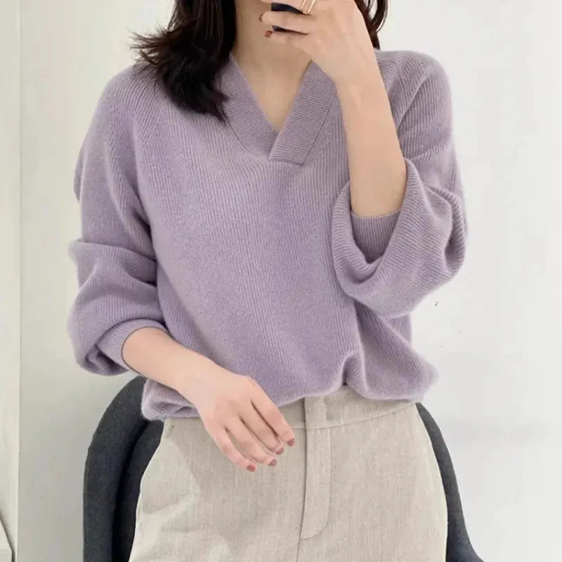 V-neck pure cashmere sweater women autumn and winter loose and versatile knitted sweater short wool base layer by Vimost Shop