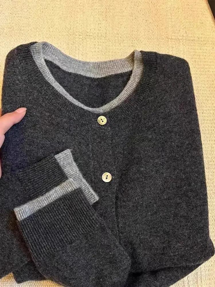 Fake two 100% pure cashmere sweater cardigan dark grey high-grade wool knit coat top by Vimost Shop