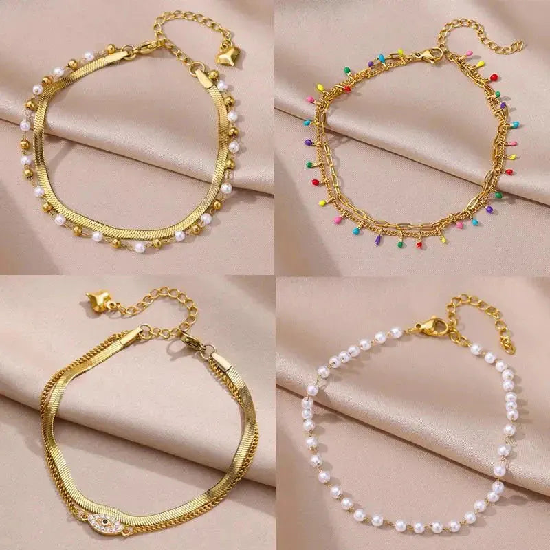 Anklets for Women Summer Beach Accessories Stainless Steel Imitation Pearl Chain Anklet Gold Color Leg Bracelets Bodychain Gifts by MAIDEN-ART