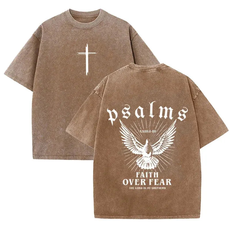 Retro Faith Over Fear T Shirt Psalms Dove Print Casual Washed Religious Streetwear by Vimost Shop