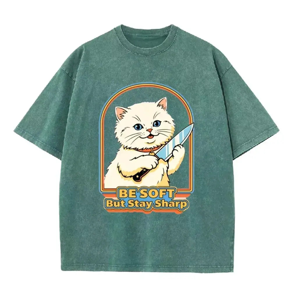 Vintage Washed Purple Be Soft But Stay Sharp Knife Cat Retro Casual Graphic T Shirt by Vimost Shop