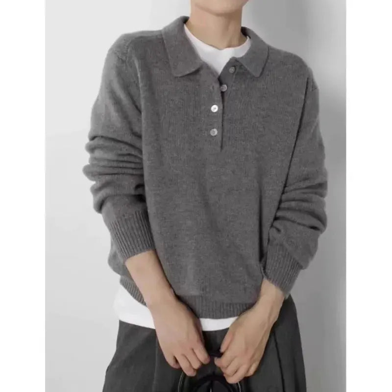Elegant POLO semi-open neck 100%wool knitted sweater women loose long-sleeved base sweater autumn and winter by Vimost Shop