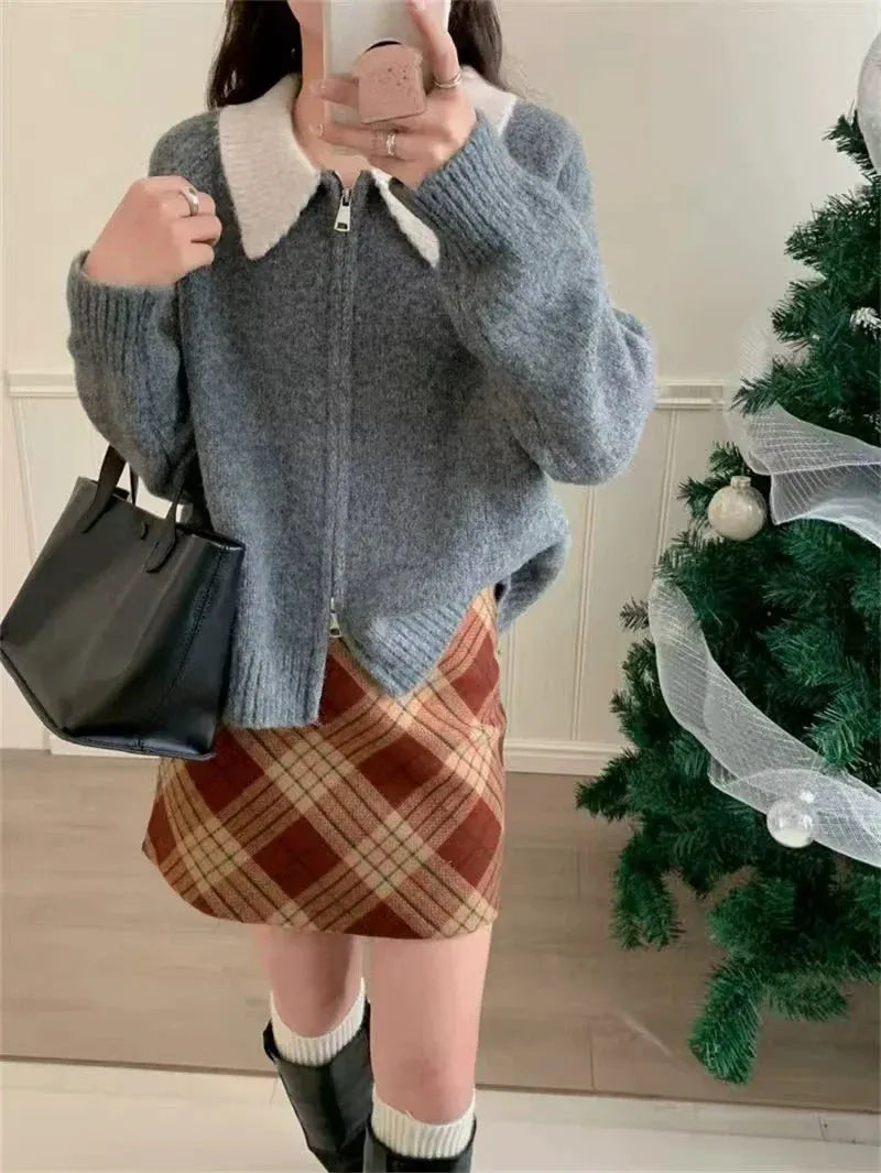 Color-blocked lapel 100% cashmere cardigan women's knitted sweater Loose sweater Wool sweater coat by Vimost Shop