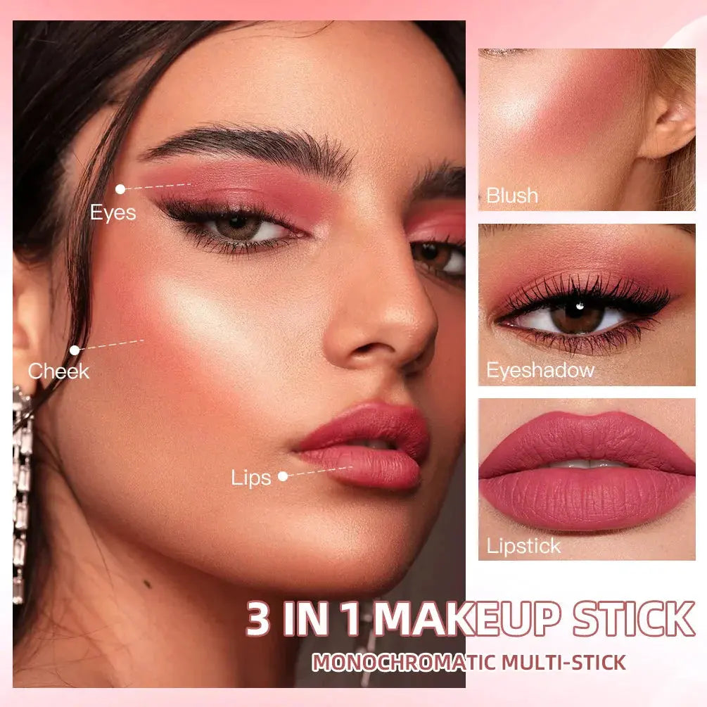3-in-1 Cheek Blush Stick Lip Tinted Eyes Cheek Lips Brighten Cream Water-resistant Moisturizing Face Contouring Shadow Blusher by Maiden-Art