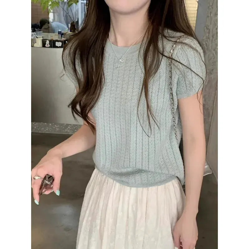 A hollowed-out round-neck ice silk knitted T-shirt for women in summer, a loose short-sleeved and slimming top, is thin by Vimost Shop