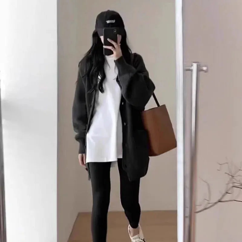Elegant Versatile Round Neck Women's Autumn/Winter Loose Long-line Base Layer Sweater Wool Coat & Cashmere Knitted Cardigan by Vimost Shop