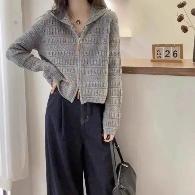Autumn and Winter Thickened 100% Pure Wool Women's Hooded Knit Cardigan Loose Sweater Coat with Double Zippers Short Style by Vimost Shop