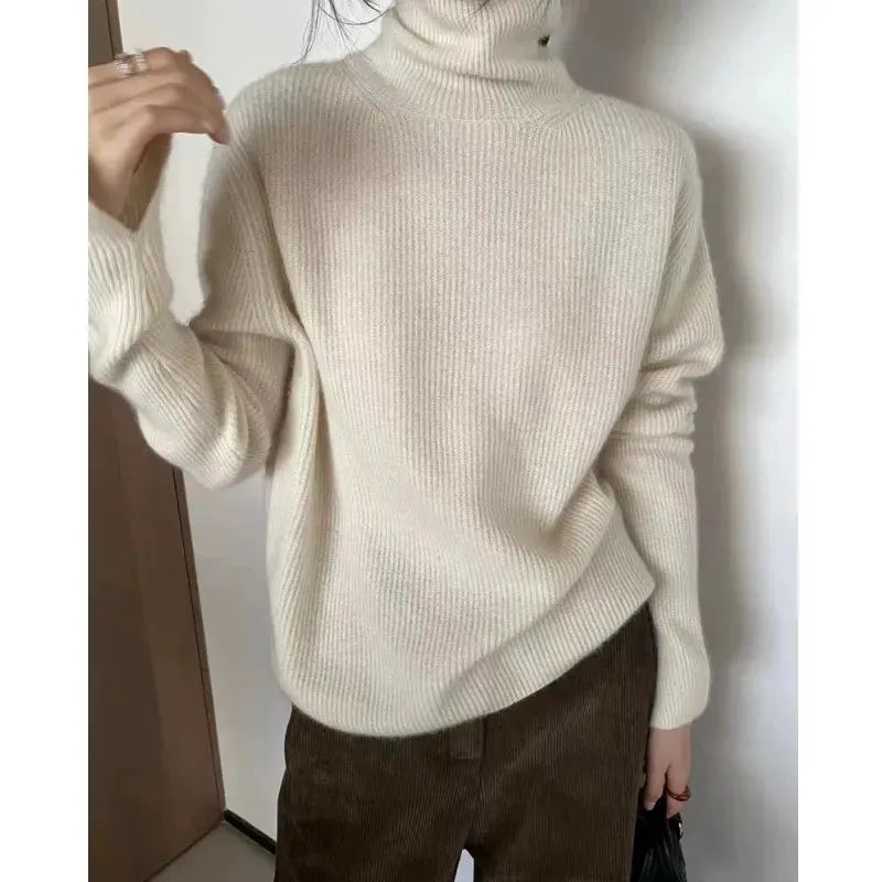 Foreign style autumn and winter turtleneck 100% pure cashmere sweater women lazy loose thick jumper knitted wool base shirt by Vimost Shop