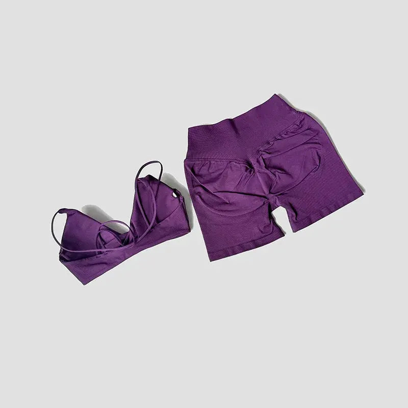 Women’s 2-Piece Gym Set – Strappy Twist Sports Bra & Cross Waist Ruched Shorts by Vimost Shop
