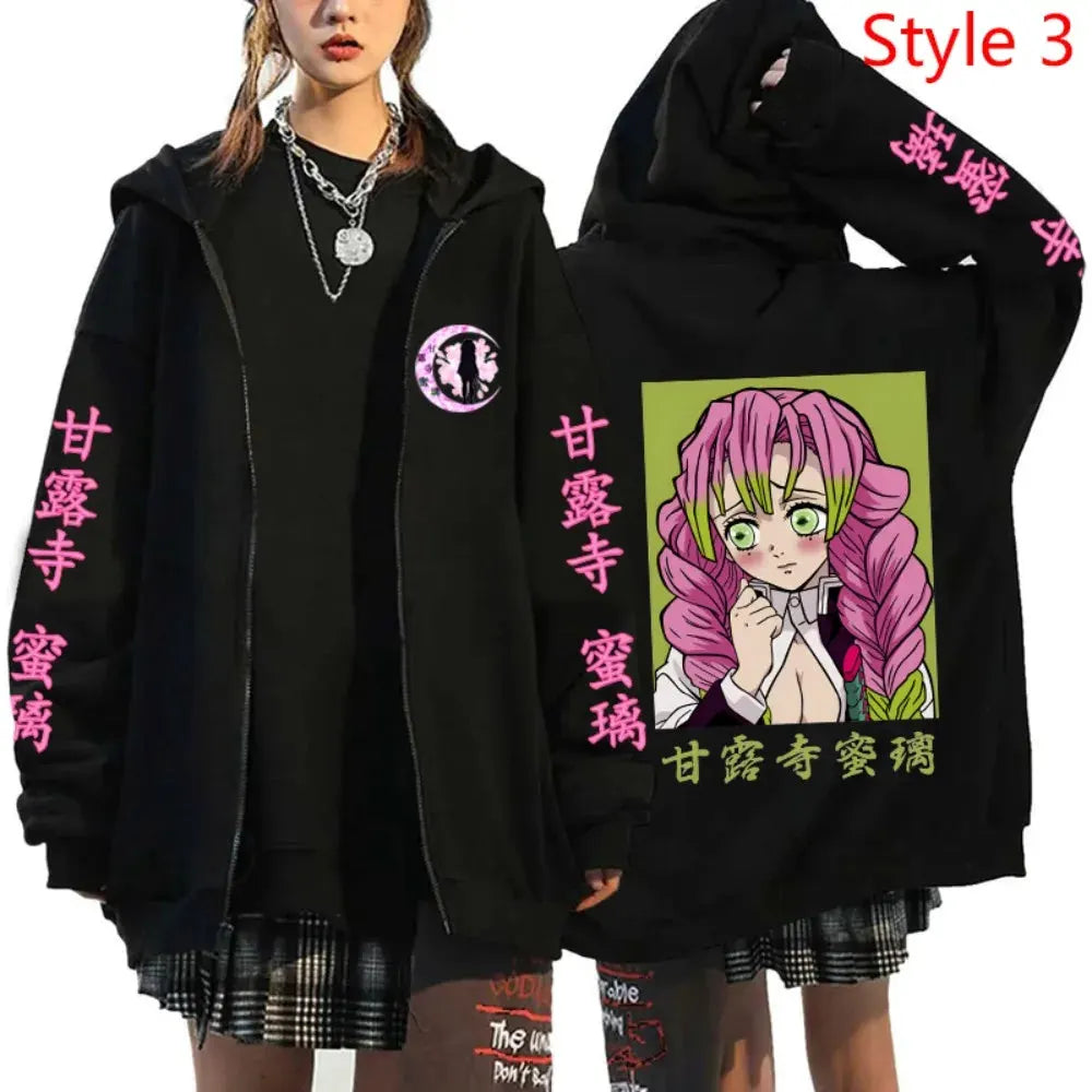 Anime Kanroji Mitsuri Print Hoodie Cartoon Zipper Pullover Long Sleeve Harajuku Sweatshirt by Vimost Shop