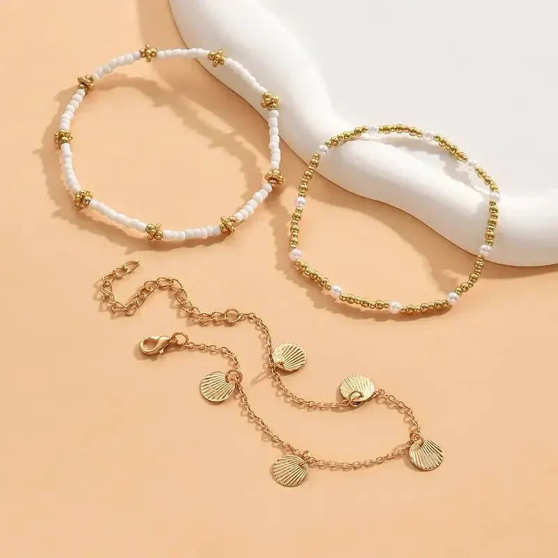 3pcs Retro Pearl Beads Anklet for Women Fashion Handmade Shell Butterfly On Foot Bracelet Bohemian Summer Beach Jewelry Gifts by Maiden-Art