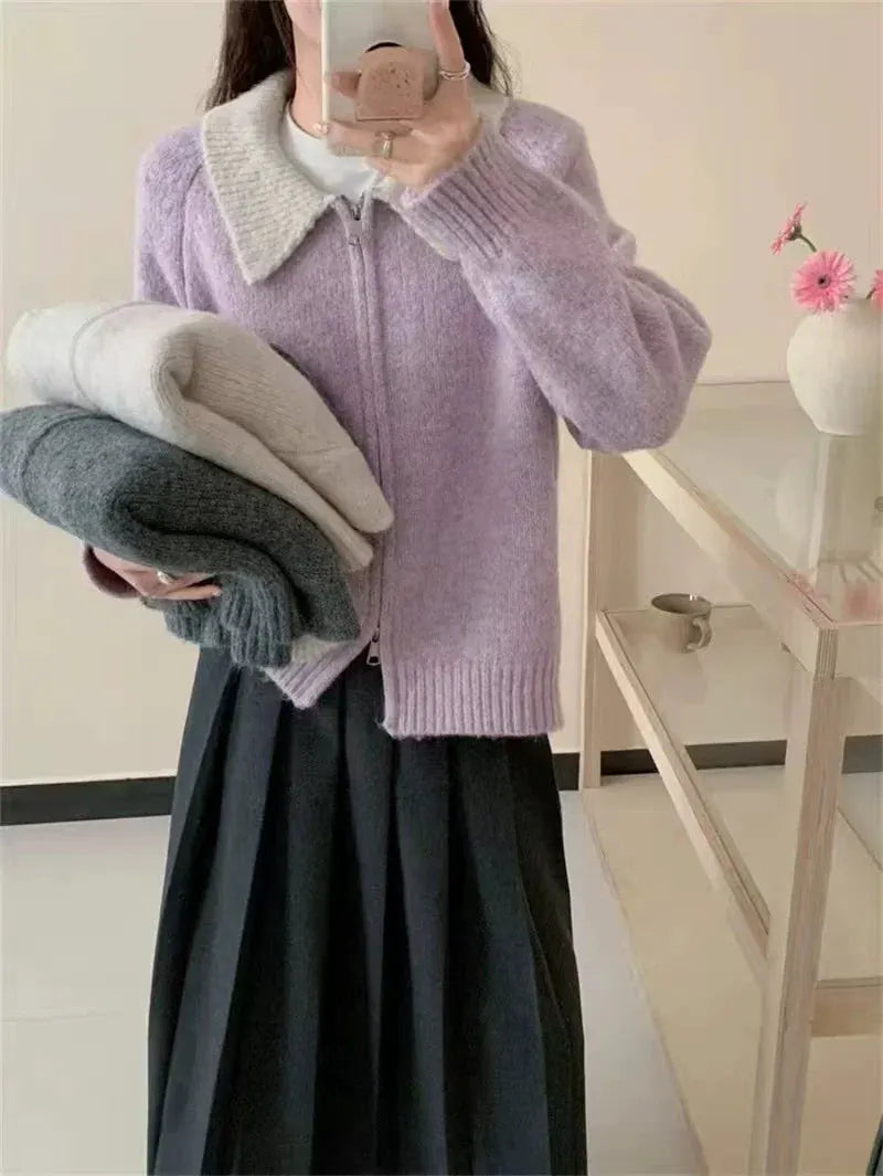 Color-blocked lapel 100% cashmere cardigan women's knitted sweater Loose sweater Wool sweater coat by Vimost Shop