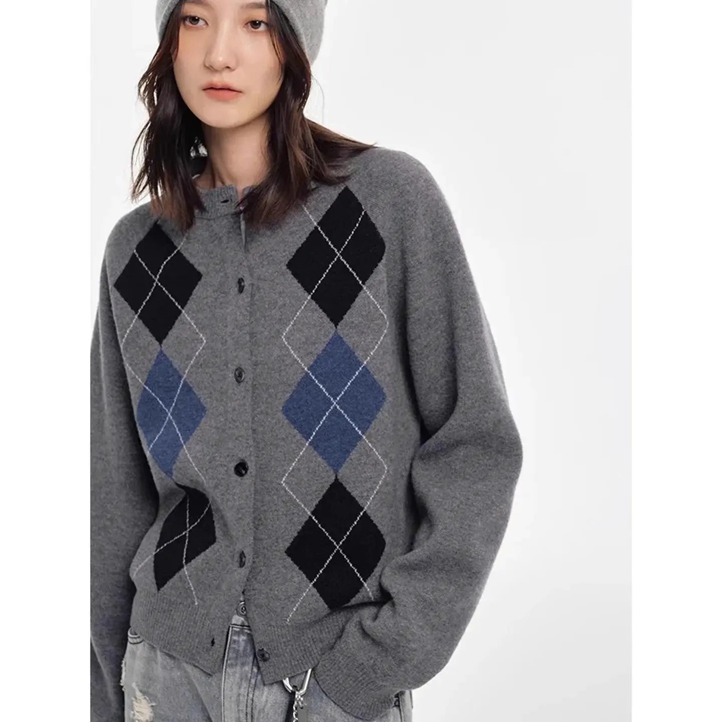 Autumn diamond-shaped cardigan women 100 pure cashmere sweater European high-end color-blocking knitted sweater coat by Vimost Shop
