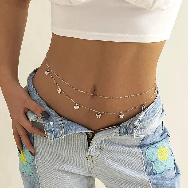 Sexy Double Thin Chain Women's Waist Chain Charming Butterfly Stainless Steel Belly Chain Summer Beach Bikini Body Jewelry by Maiden-Art