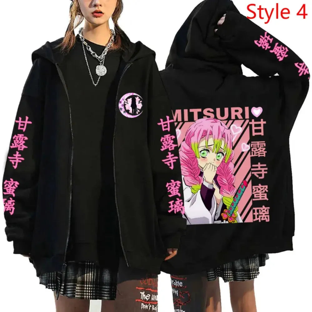 Anime Kanroji Mitsuri Print Hoodie Cartoon Zipper Pullover Long Sleeve Harajuku Sweatshirt by Vimost Shop
