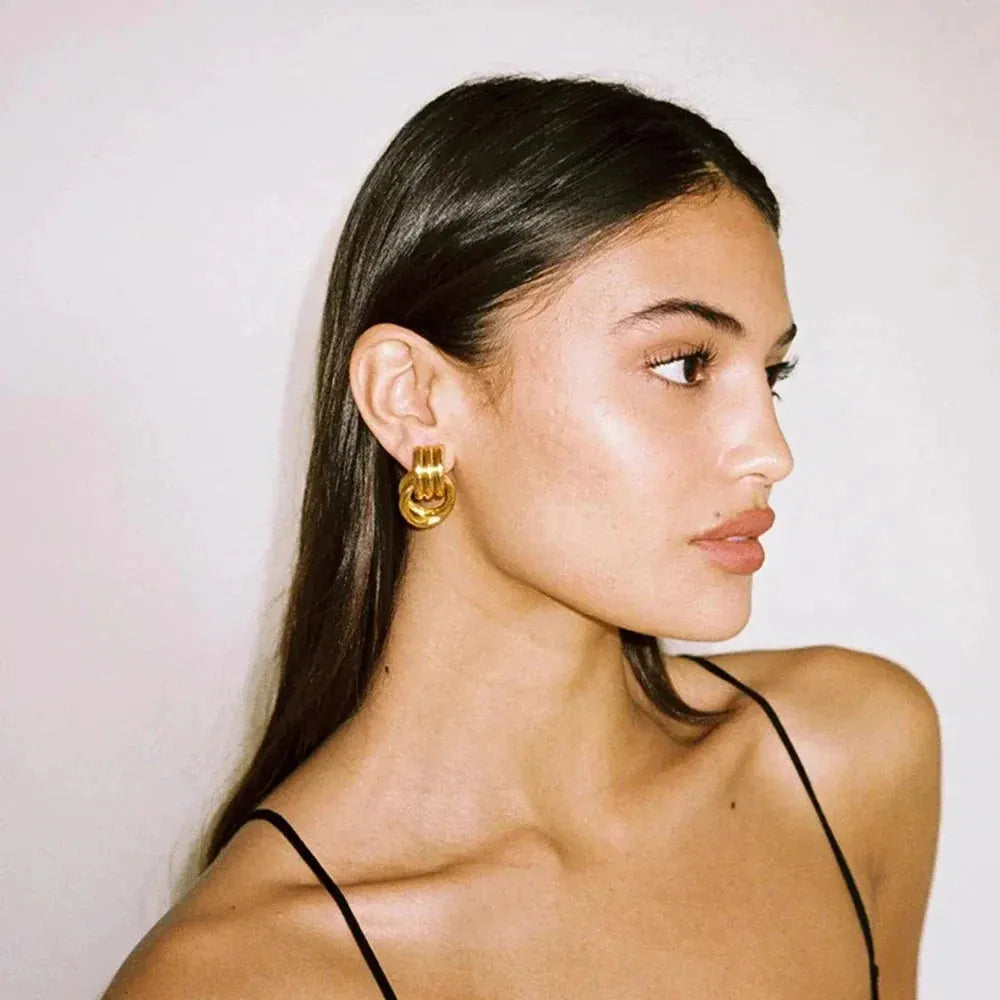 Trendy Stainless Steel Multilayer Circle Twist Knot Earrings for Women Texture Mixed Color Gold Plated Statement Earring Bijoux by Maiden-Art