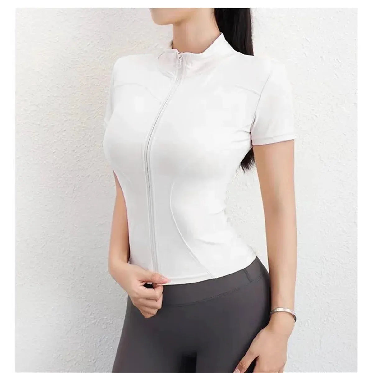 Women's Short-Sleeve Zip-Front Training Jacket with Stand Collar and Slim Fit by Vimost Shop