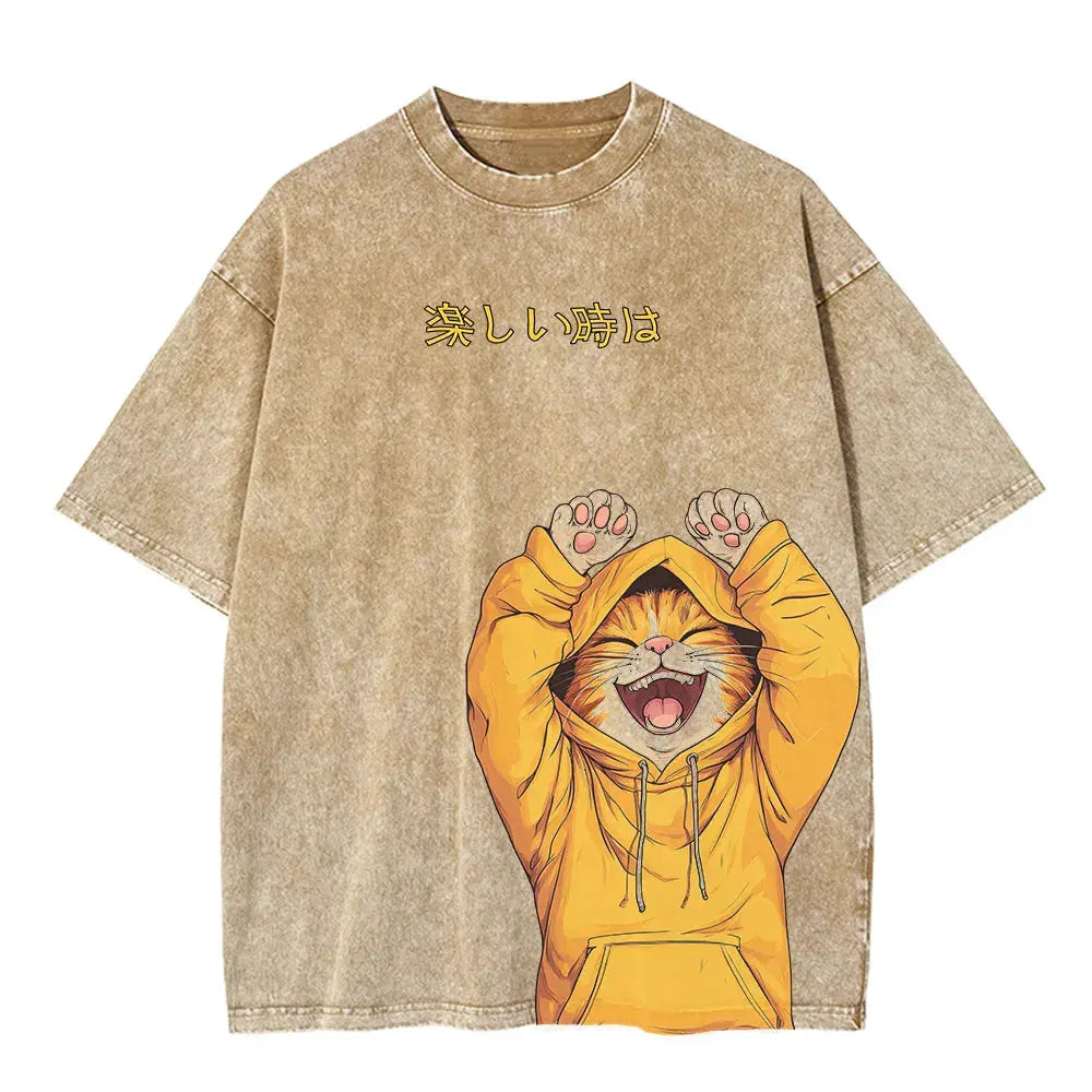 Funny Cat Print Oversized Hip Hop T-Shirt by Vimost Shop