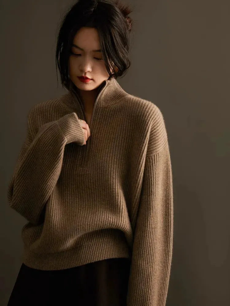 100% pure cashmere sweater women's half zip stand collar thick loose lapel pullover sweater by Vimost Shop
