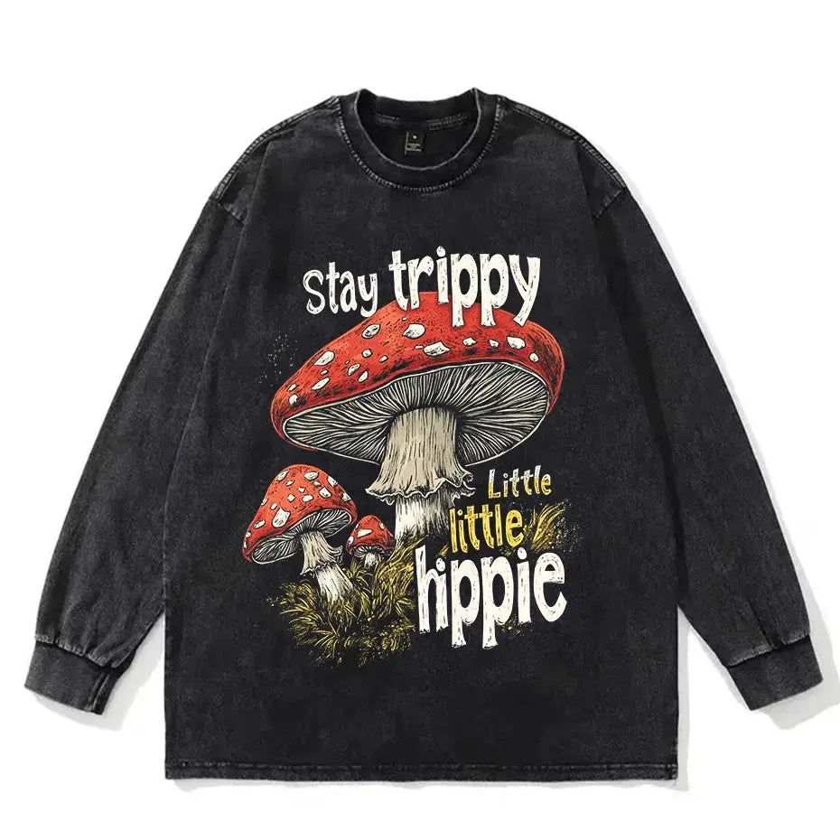 Vintage Mushroom Print Washed Cotton T-Shirt Women Hippie Streetwear by Vimost Shop