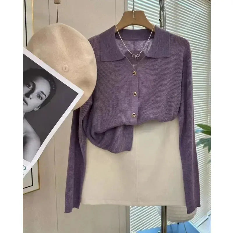 POLO lapel cashmere knit cardigan women's spring and autumn thin loose sweater short wool coat by Vimost Shop