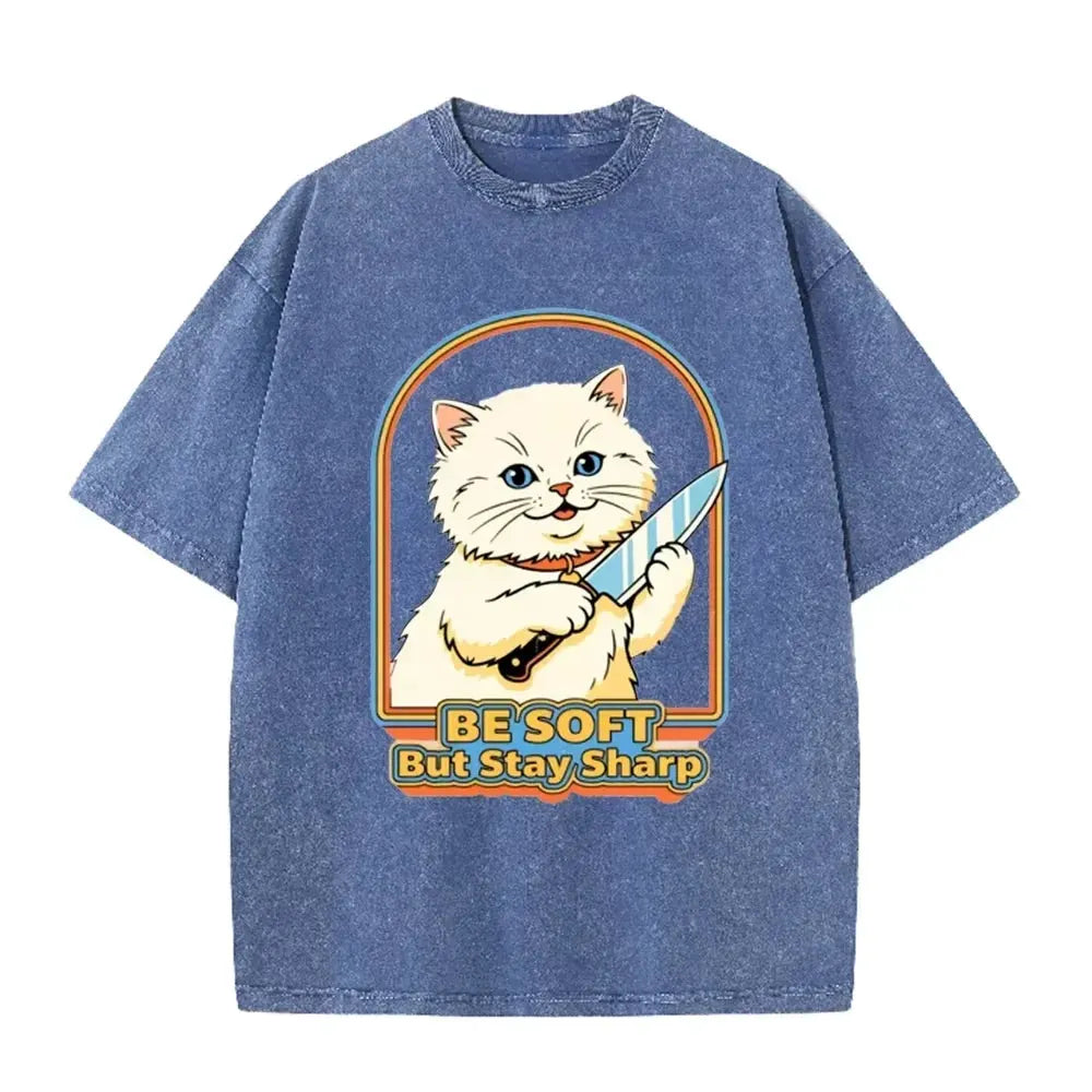 Vintage Washed Purple Be Soft But Stay Sharp Knife Cat Retro Casual Graphic T Shirt by Vimost Shop