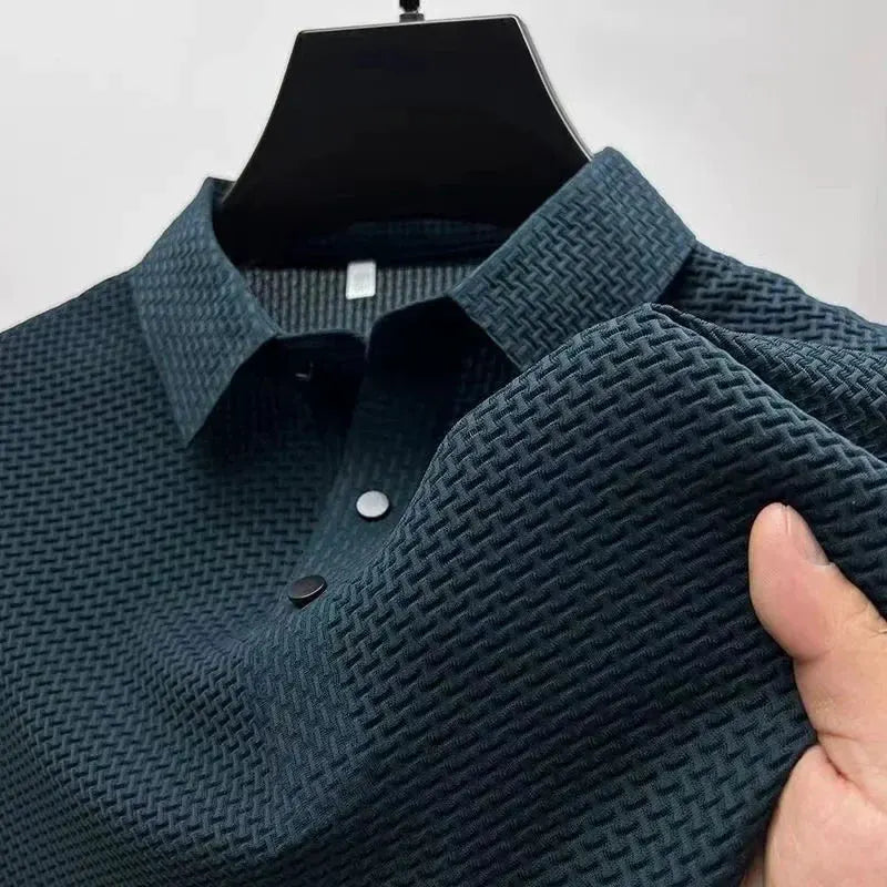 Men's Textured Short-Sleeve Polo Shirt with Collar and Button Placket by Vimost Shop