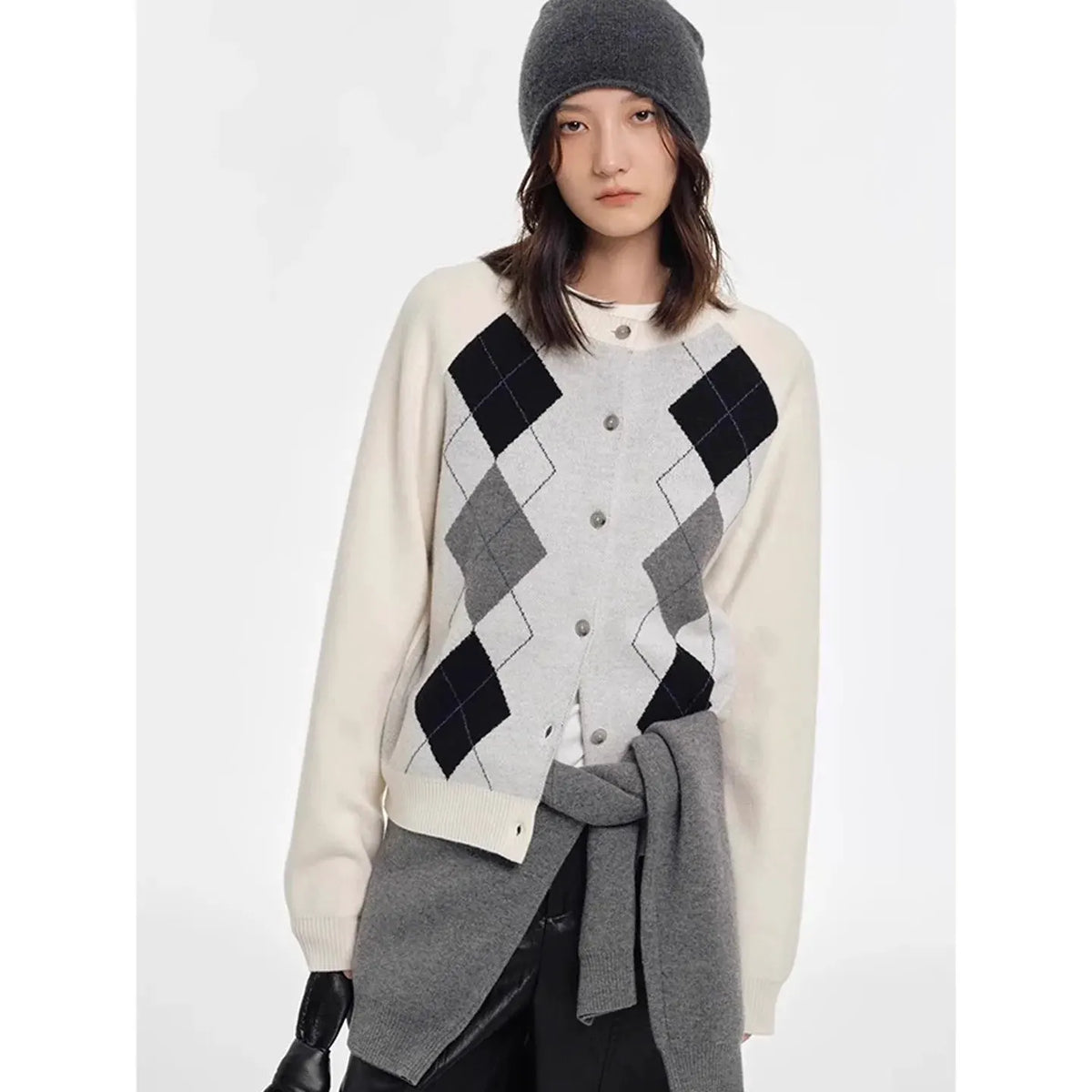Autumn diamond-shaped cardigan women 100 pure cashmere sweater European high-end color-blocking knitted sweater coat by Vimost Shop